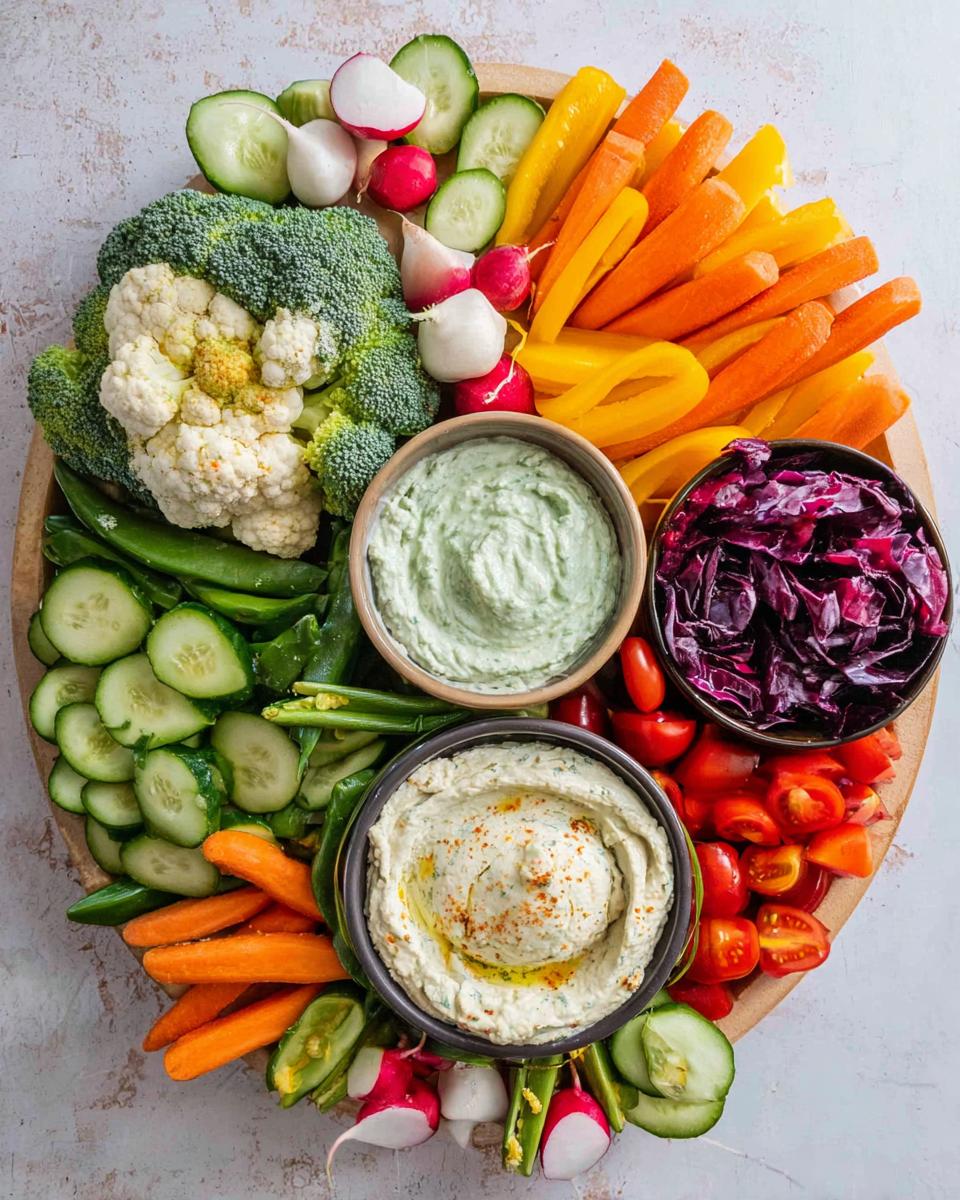 A colorful Festive Veggie Tray With Cozy Dips featuring broccoli, cauliflower, carrots, bell peppers, cucumbers, radishes, and two bowls of dip.