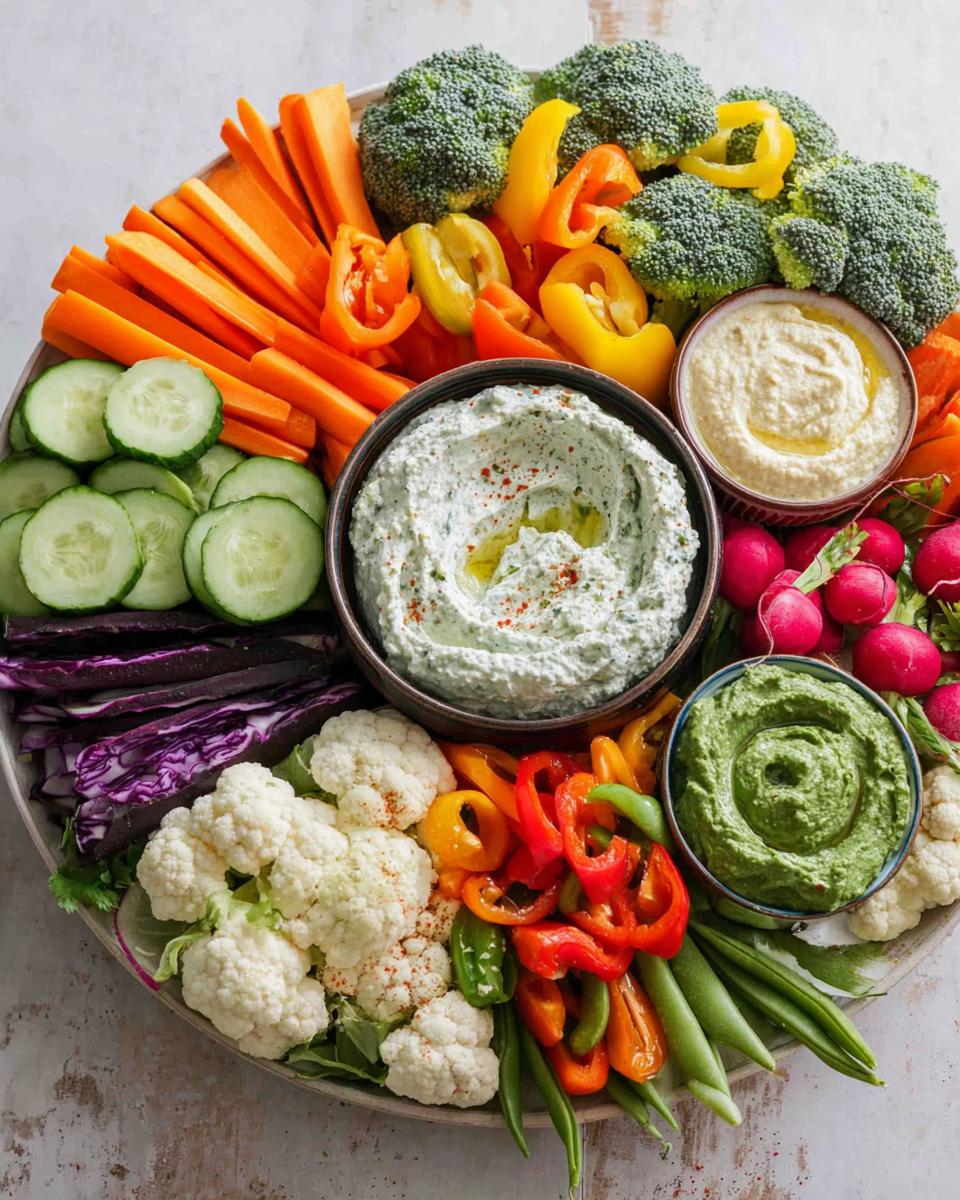 A colorful Festive Veggie Tray With Cozy Dips featuring an assortment of fresh vegetables and three different dips.
