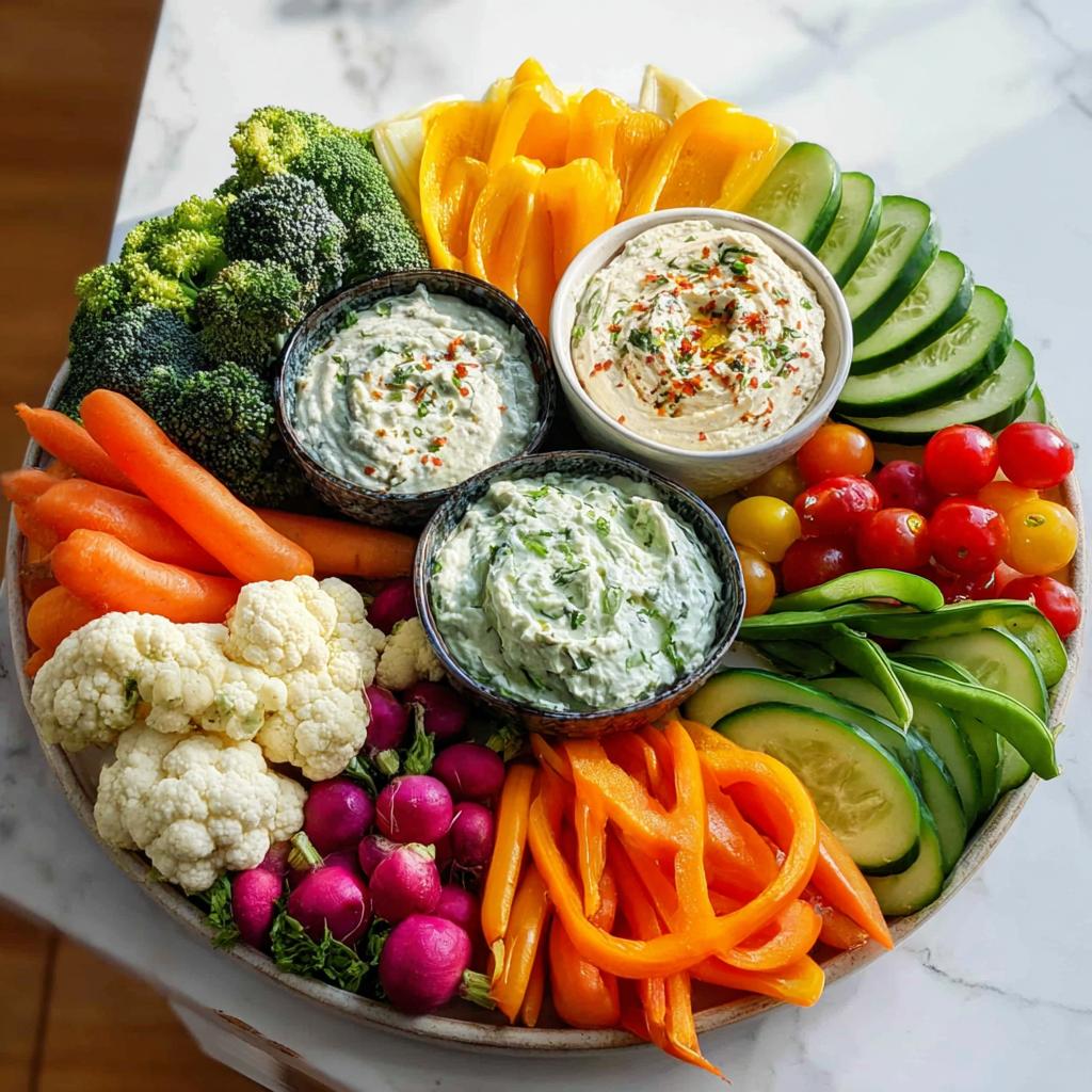 A colorful Festive Veggie Tray With Cozy Dips, featuring assorted fresh vegetables and three bowls of dips.