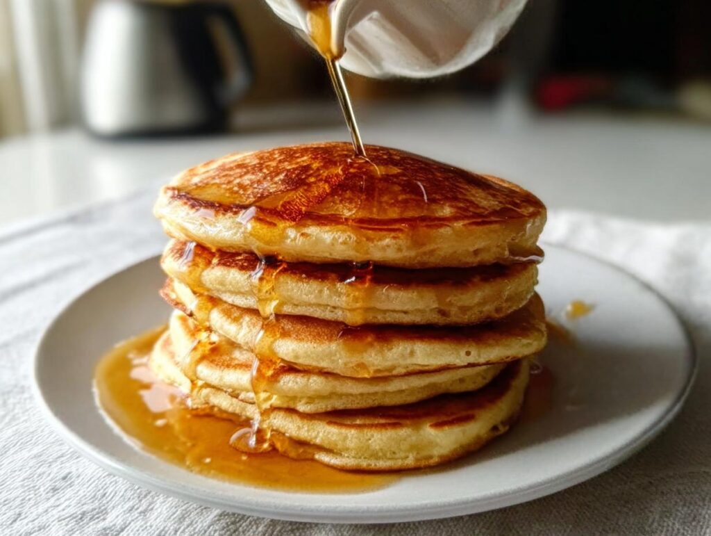 A tall stack of fluffy pancakes with warm syrup being poured over the top.