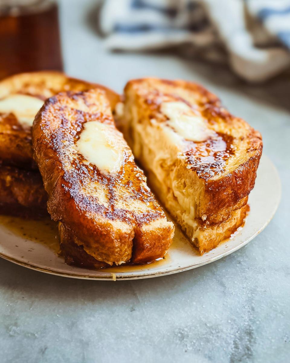 Close-up of decadent French toast with a creamy center, topped with melting butter and syrup.