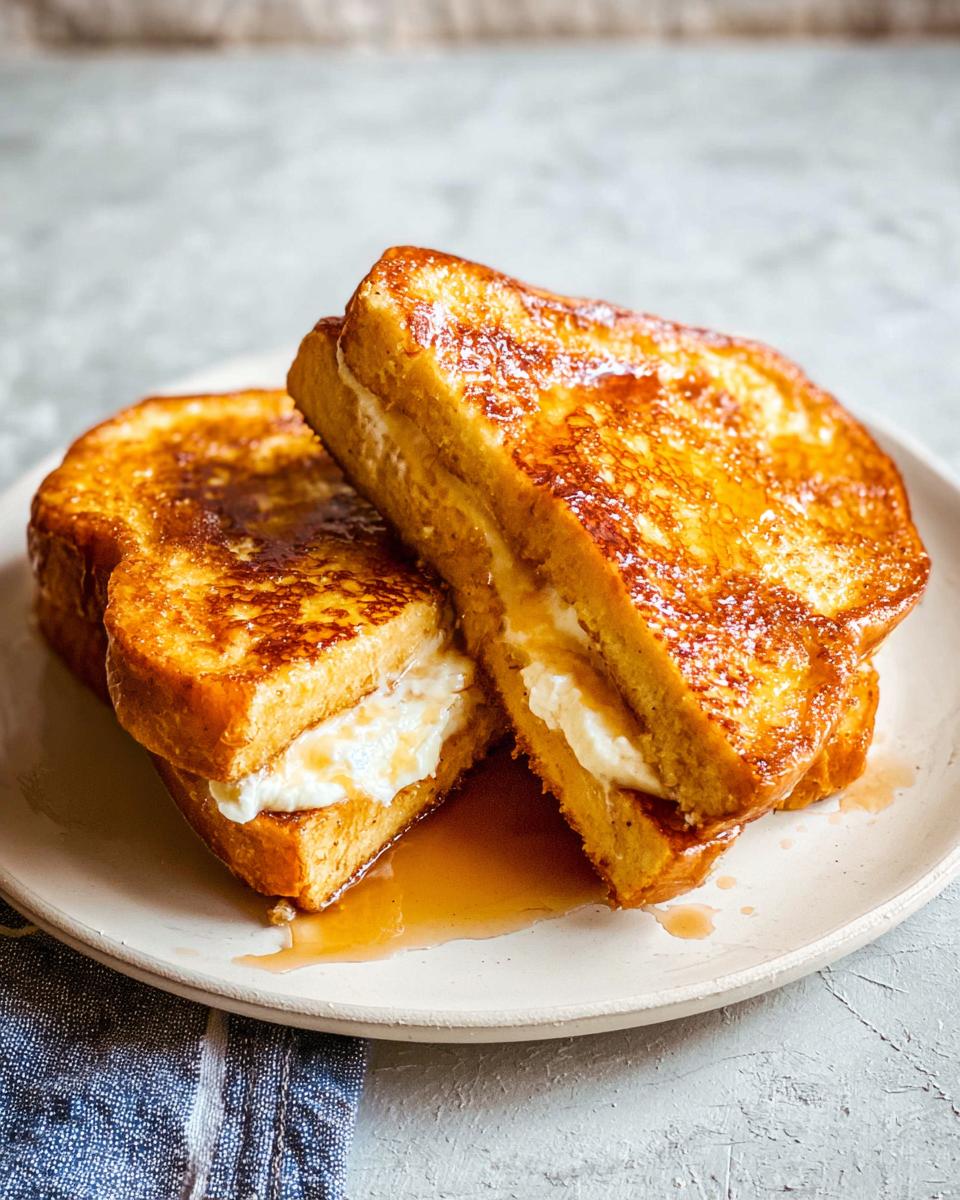 Two halves of decadent French toast with a creamy center, drizzled with syrup on a plate.