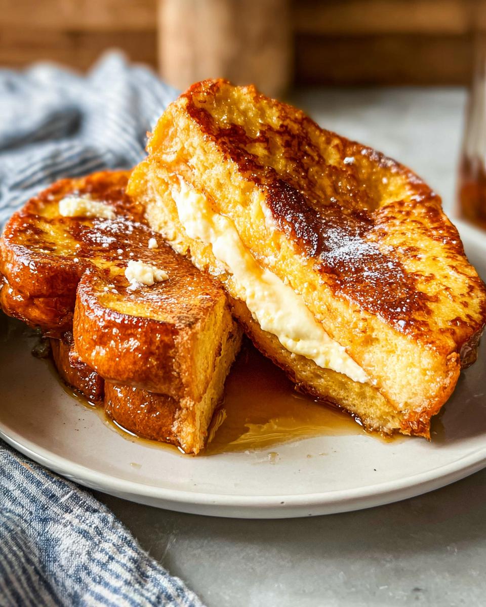 Two slices of golden-brown French Toast With Creamy Center, drizzled with syrup and dusted with powdered sugar.