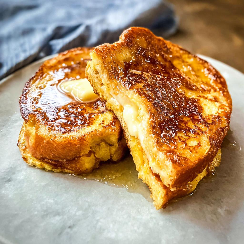 Two slices of French Toast With Creamy Center, drizzled with syrup and topped with butter.