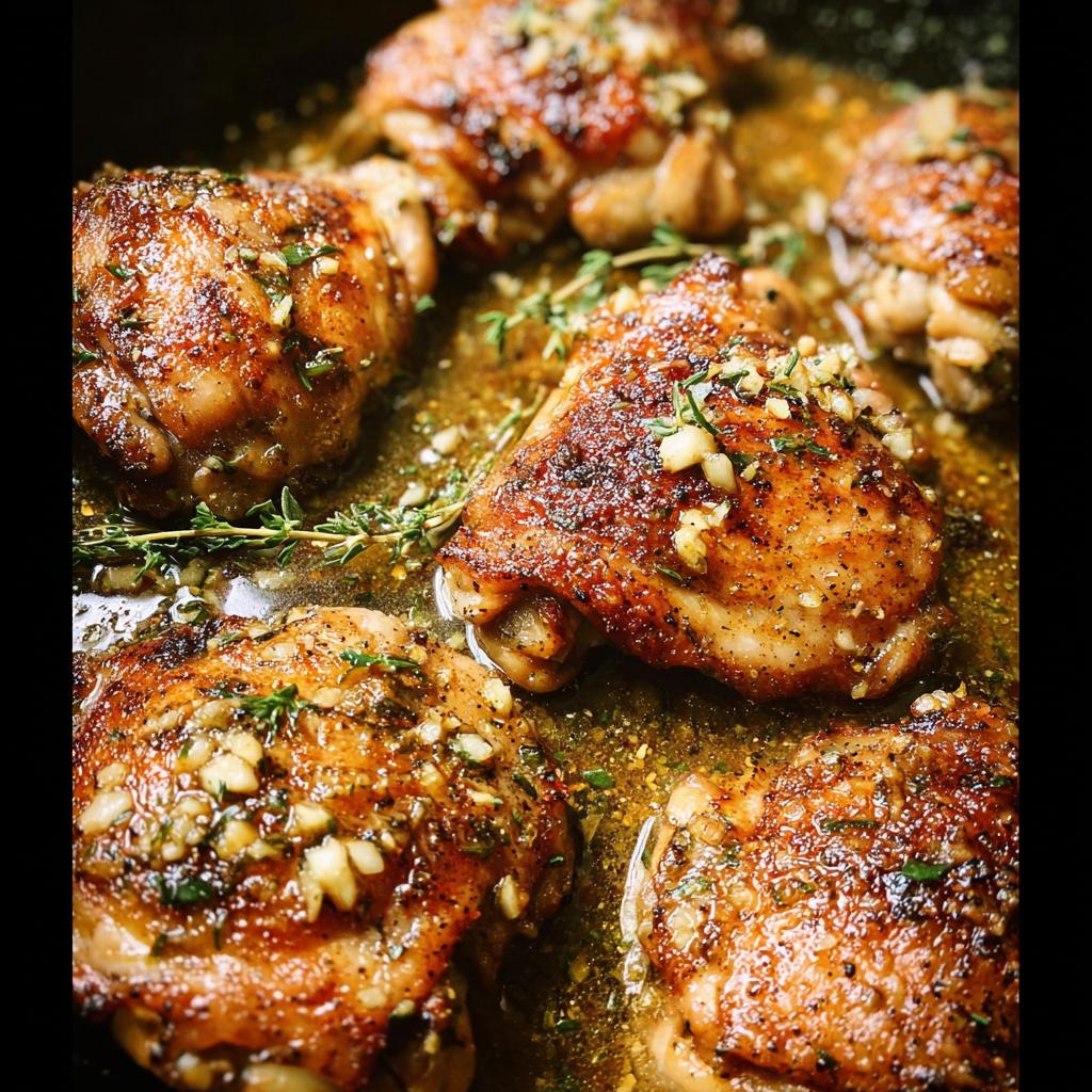 Close-up of juicy Garlic Butter Chicken Thighs with pan sauce, topped with minced garlic and fresh herbs.