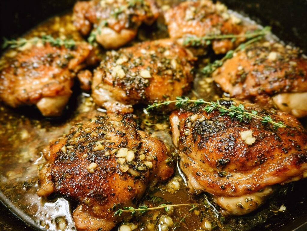 Close-up of juicy Garlic Butter Chicken Thighs with pan sauce and fresh thyme sprigs.