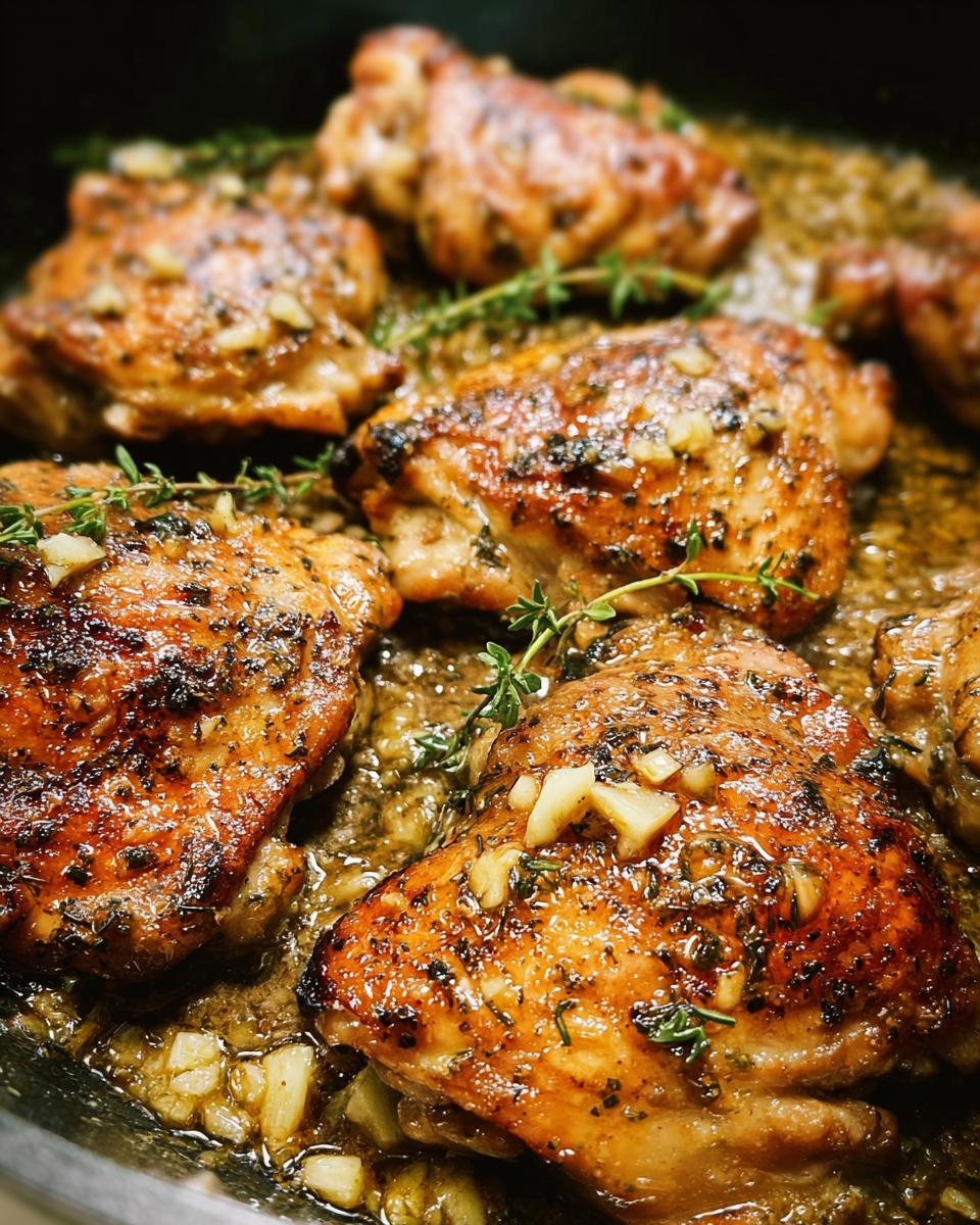 Close-up of juicy Garlic Butter Chicken Thighs simmering in a flavorful pan sauce with fresh thyme.