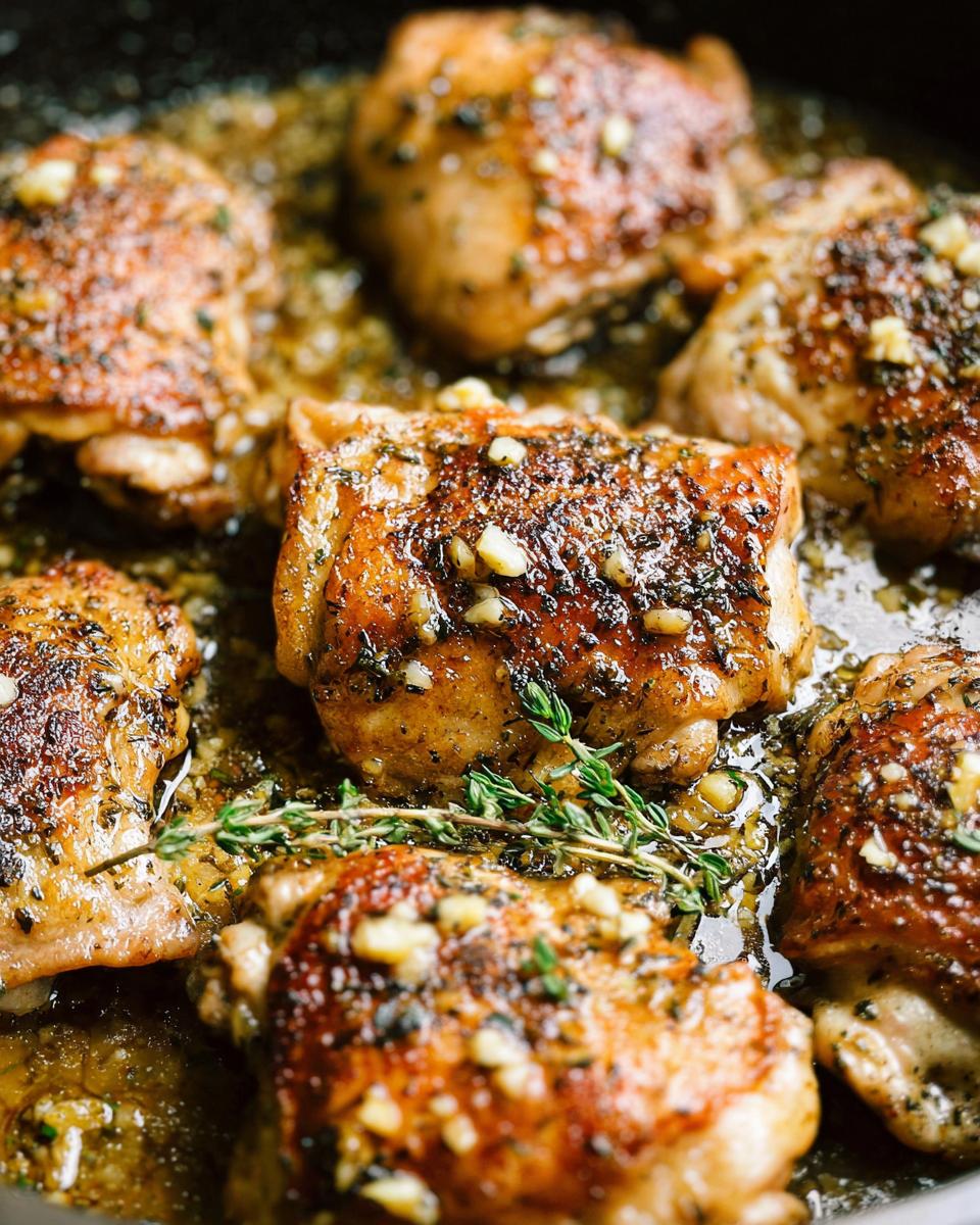 Close-up of golden-brown Garlic Butter Chicken Thighs simmering in a rich pan sauce with fresh thyme.