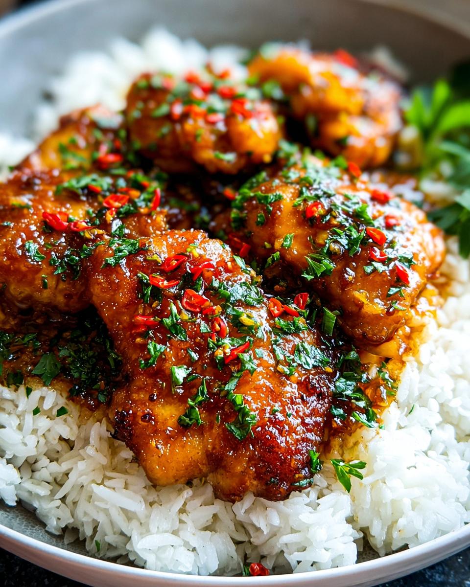 Close-up of succulent Honey Garlic Chicken pieces served over fluffy white rice, garnished with fresh parsley and chili flakes.