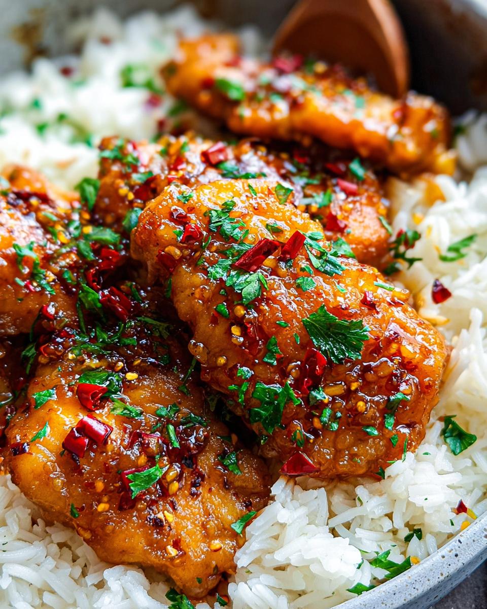 Close-up of delicious Honey Garlic Chicken pieces served over fluffy white rice, garnished with chili flakes and parsley.