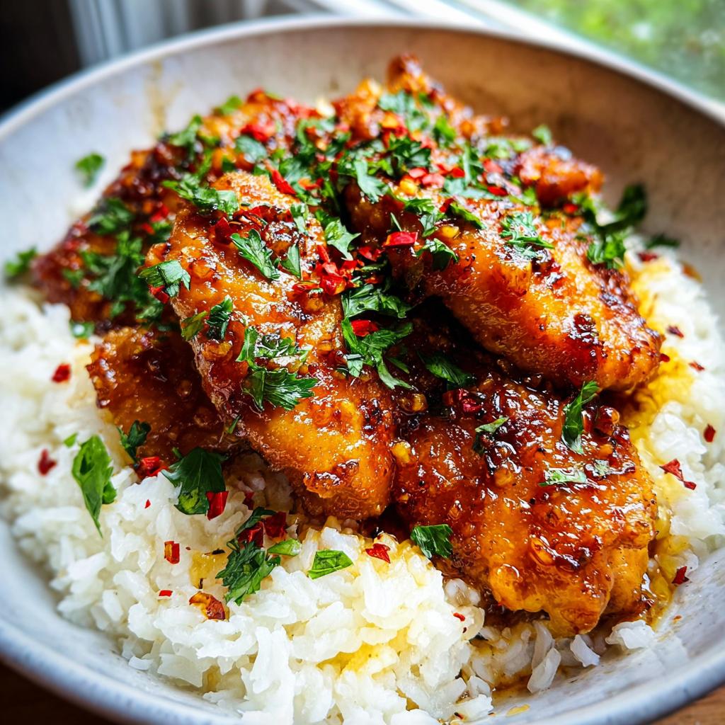 Close-up of glistening Honey Garlic Chicken pieces served over fluffy white rice, garnished with chopped parsley and chili flakes.