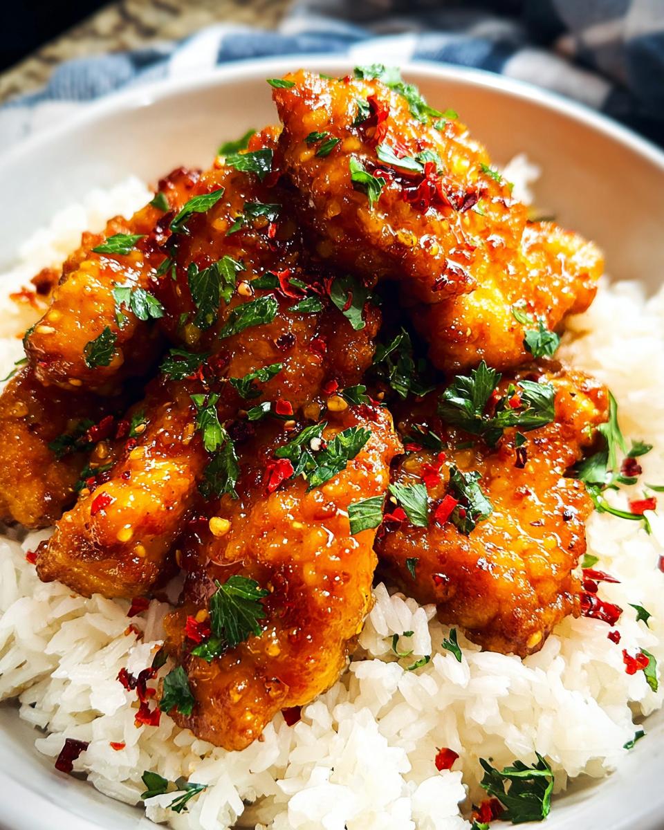 Close-up of glistening Honey Garlic Chicken pieces served over fluffy white rice, garnished with parsley and chili flakes.