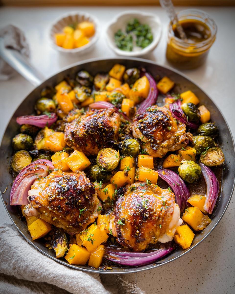 A close-up of Honey Mustard Chicken Thighs baked in a pan with butternut squash, Brussels sprouts, and red onion.