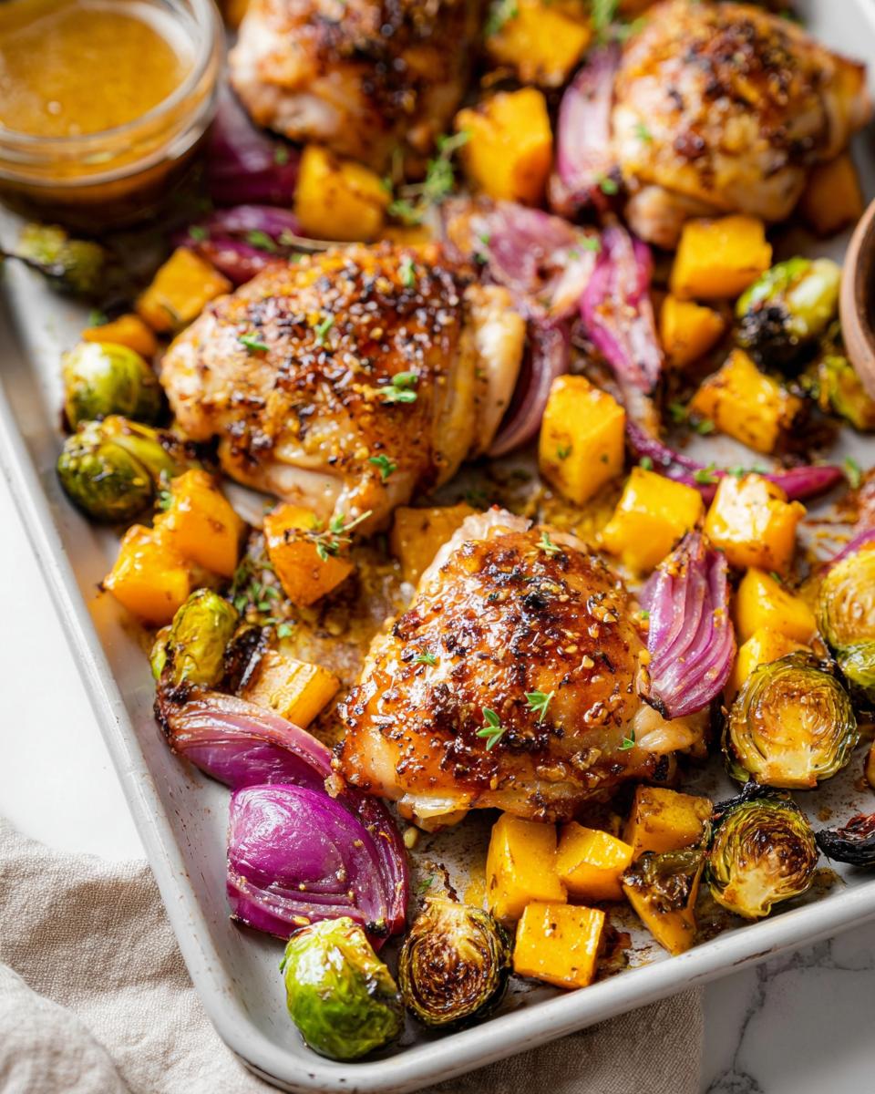 Close-up of Honey Mustard Chicken Thighs with roasted butternut squash, red onion, and Brussels sprouts on a baking sheet.
