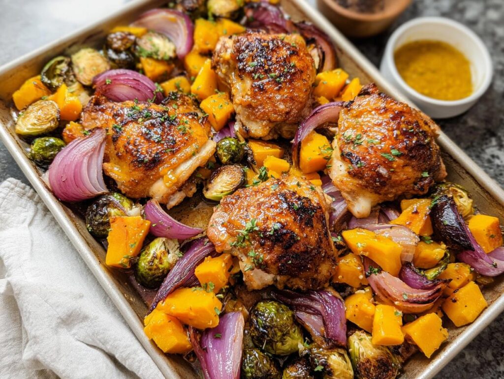 Close-up of Honey Mustard Chicken Thighs baked with butternut squash, Brussels sprouts, and red onion on a baking sheet.