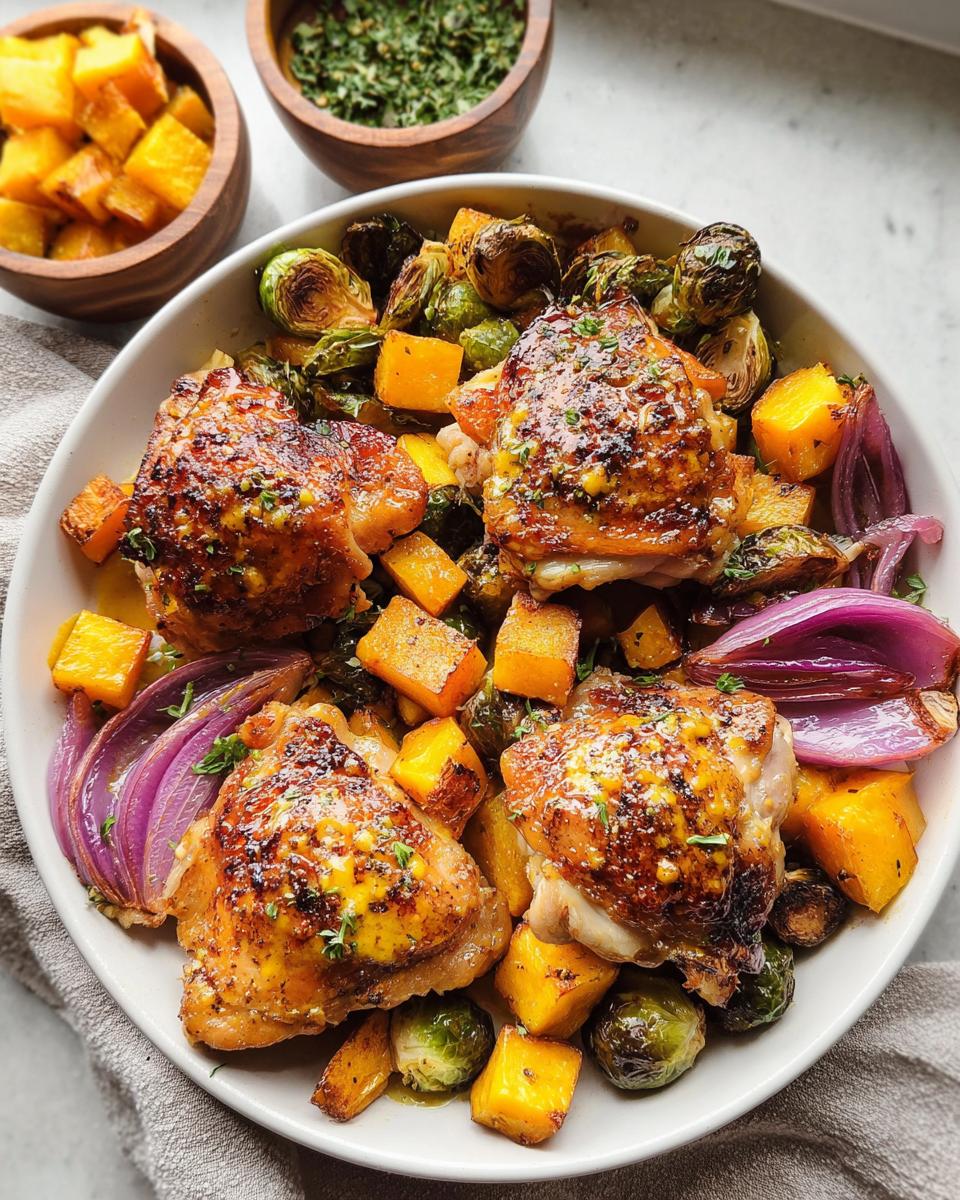 A close-up of honey mustard chicken thighs baked with butternut squash, Brussels sprouts, and red onion in a white bowl.