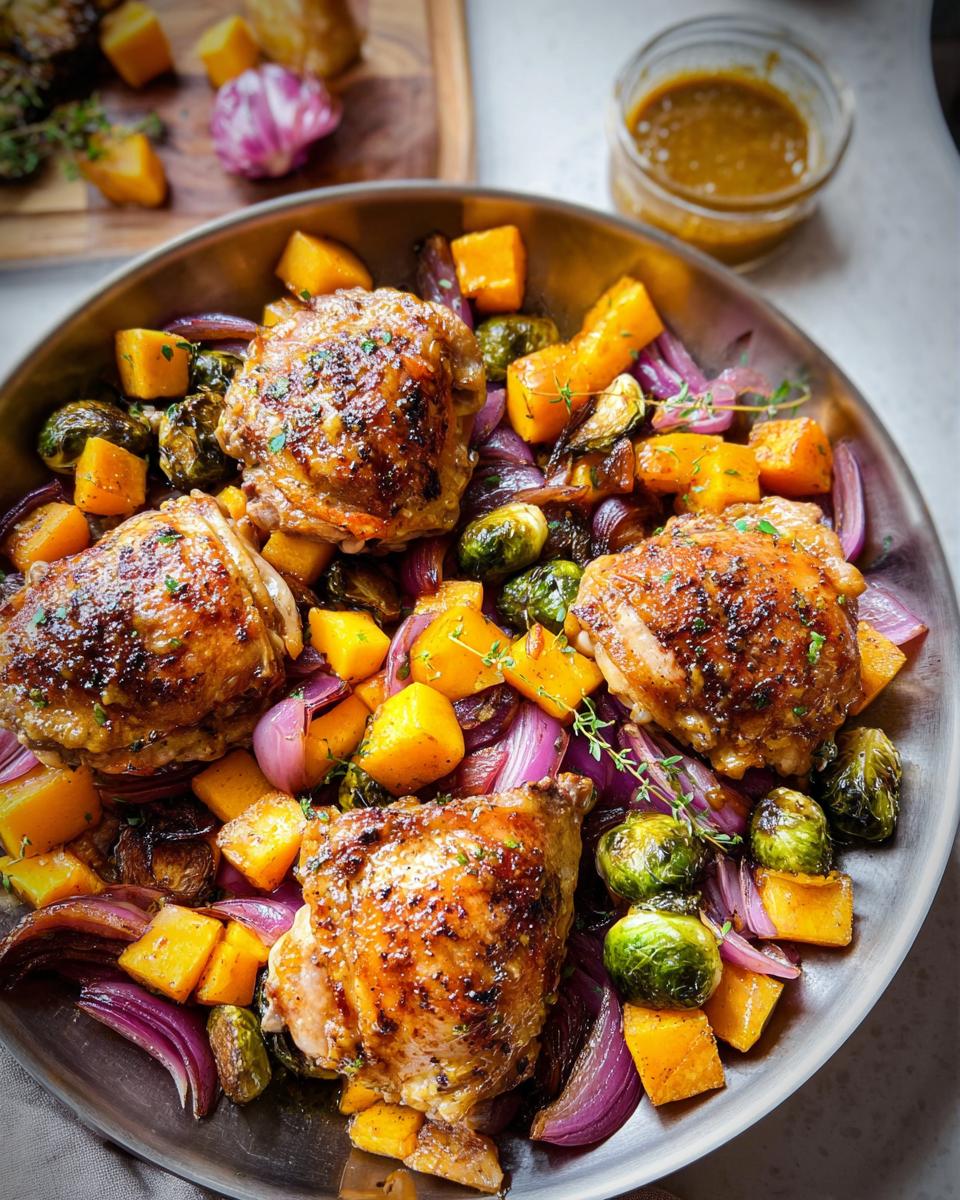 Close-up of Honey Mustard Chicken Thighs roasted with butternut squash, red onion, and Brussels sprouts in a pan.