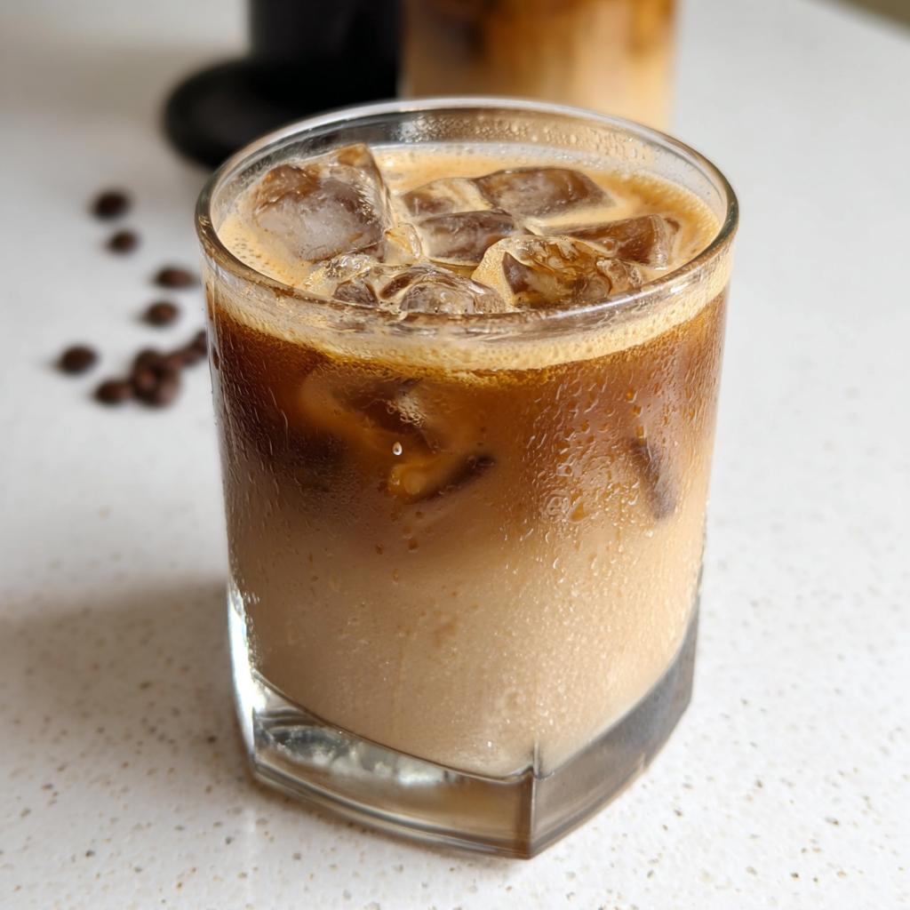 A close-up of a glass filled with iced brown sugar shaken espresso, showing layers of coffee and milk with ice.