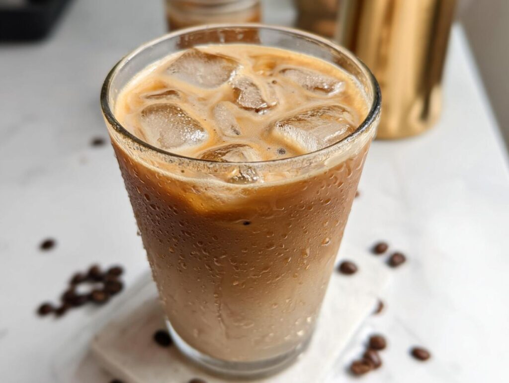 A tall glass filled with Iced Brown Sugar Shaken Espresso and ice, with condensation on the glass and coffee beans scattered around.