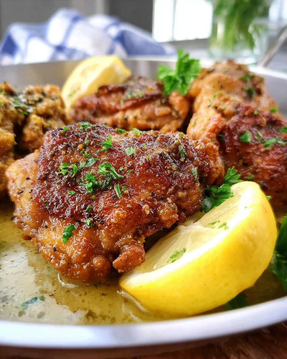 Close-up of juicy Lemon Pepper Chicken Thighs That Sizzle, garnished with lemon wedges and parsley.