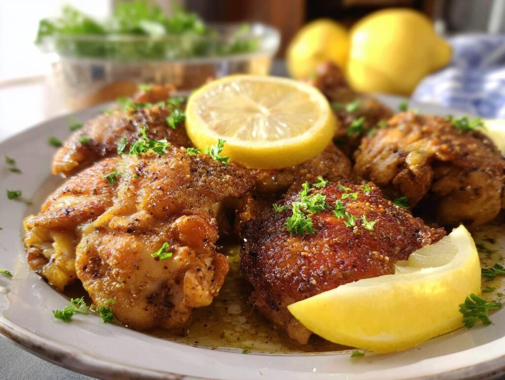 A plate of sizzling Lemon Pepper Chicken Thighs, garnished with lemon slices and fresh parsley.