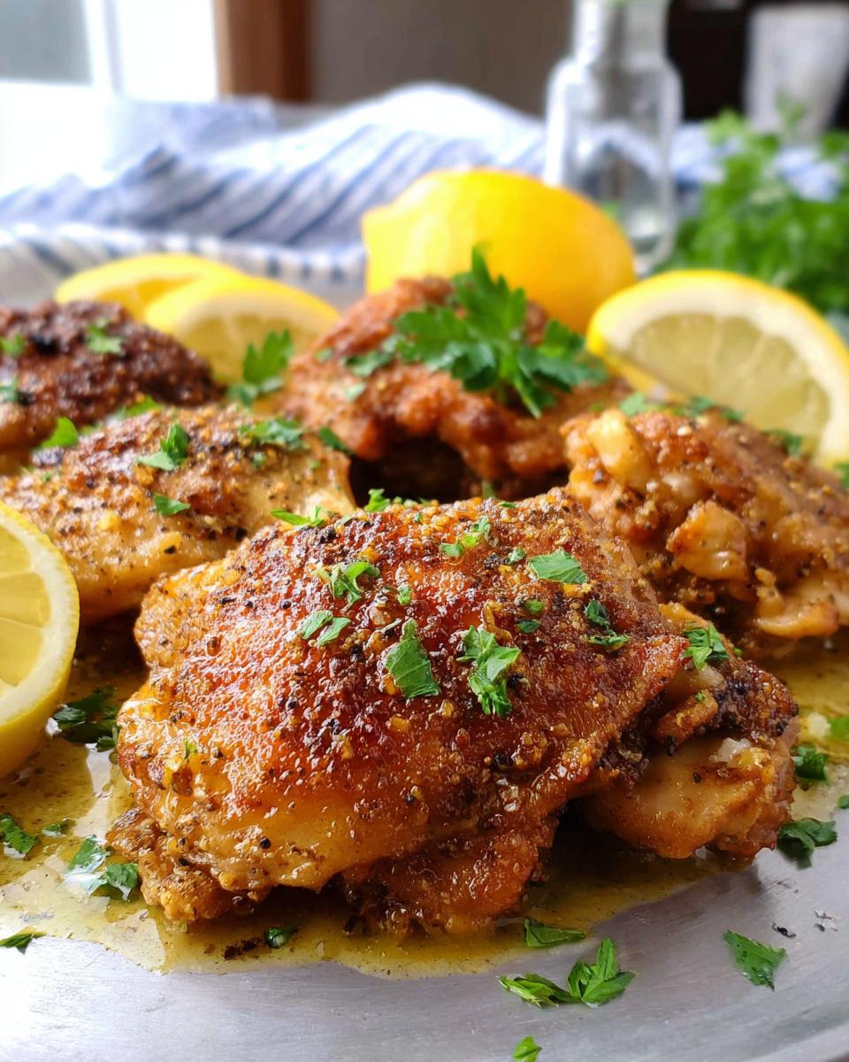 Close-up of juicy Lemon Pepper Chicken Thighs That Sizzle, garnished with fresh parsley and lemon wedges.