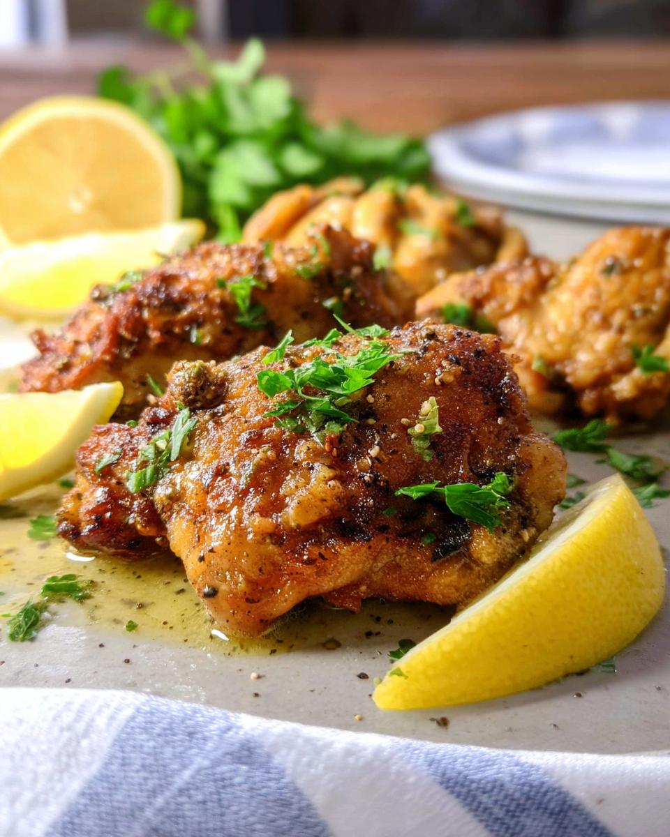 Close-up of juicy Lemon Pepper Chicken Thighs That Sizzle, garnished with lemon wedges and parsley.