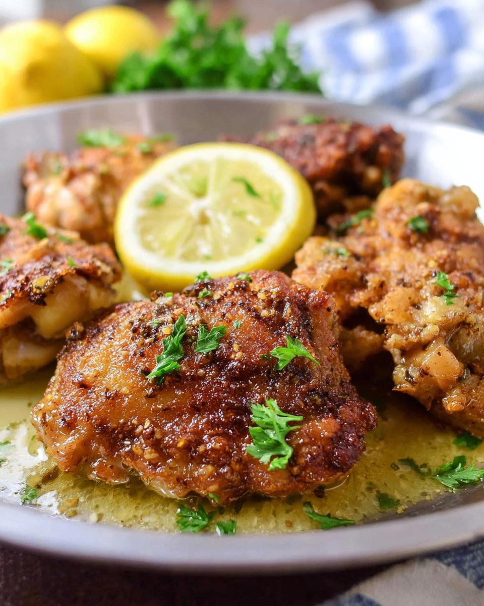 Close-up of juicy Lemon Pepper Chicken Thighs That Sizzle, garnished with lemon and parsley.