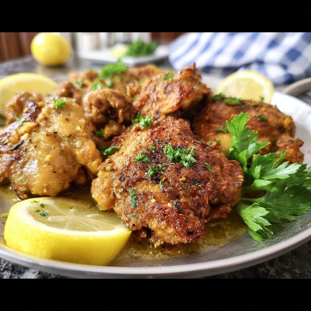 A plate of juicy Lemon Pepper Chicken Thighs That Sizzle, garnished with fresh parsley and lemon wedges.