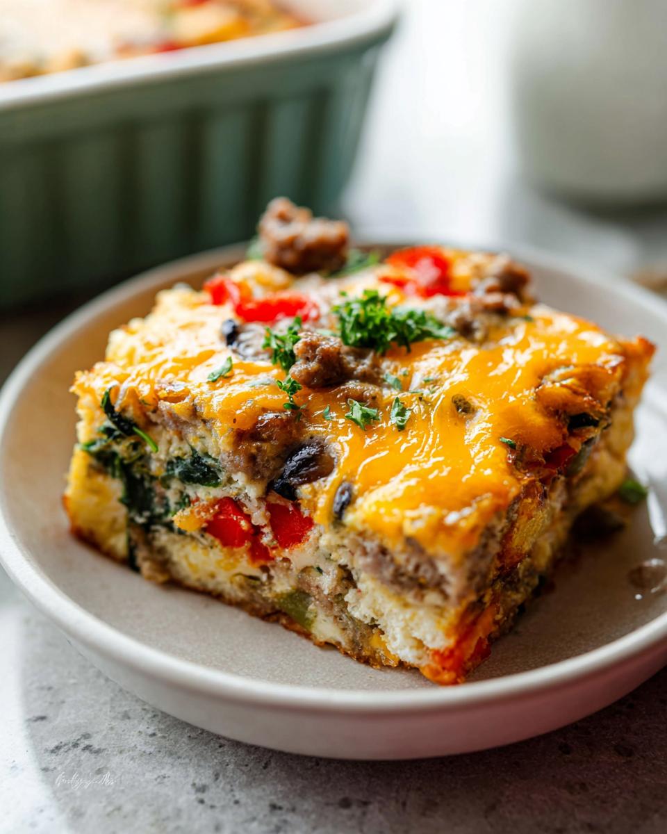 A delicious slice of a make ahead breakfast bake, featuring sausage, peppers, spinach, and melted cheese.