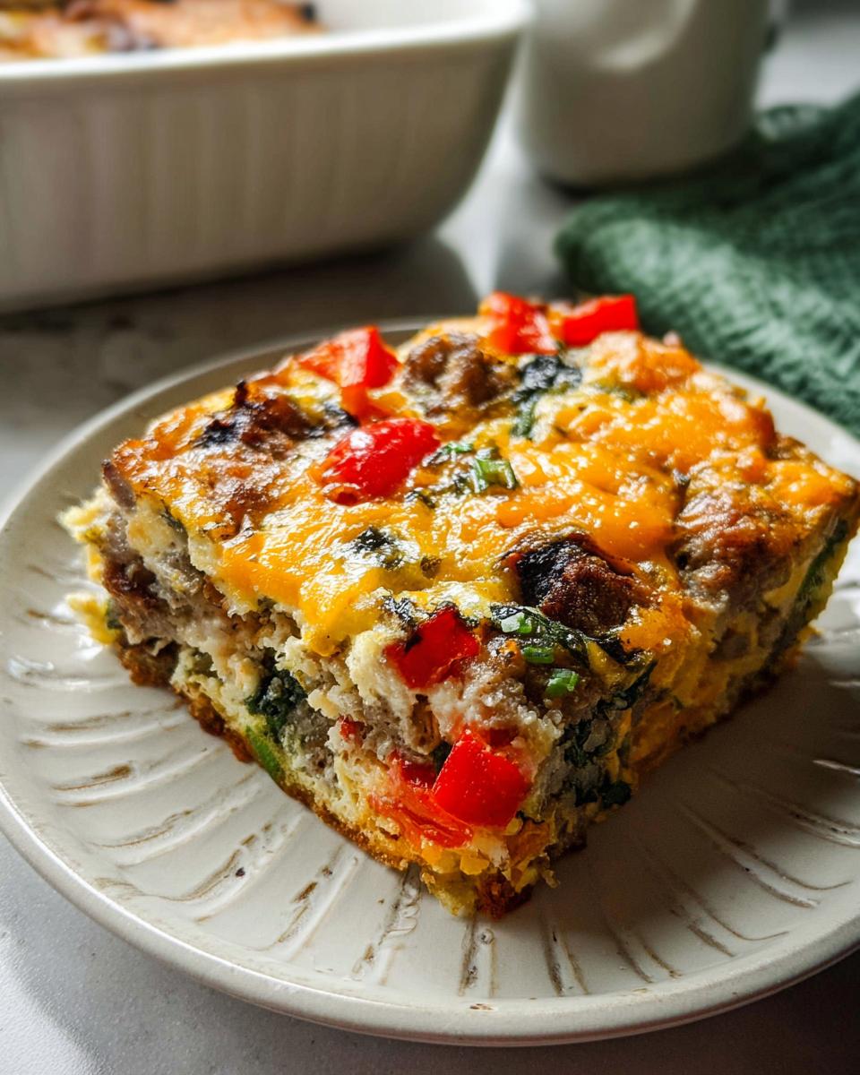 A slice of make-ahead breakfast bake with sausage, red peppers, spinach, and melted cheese on a plate.