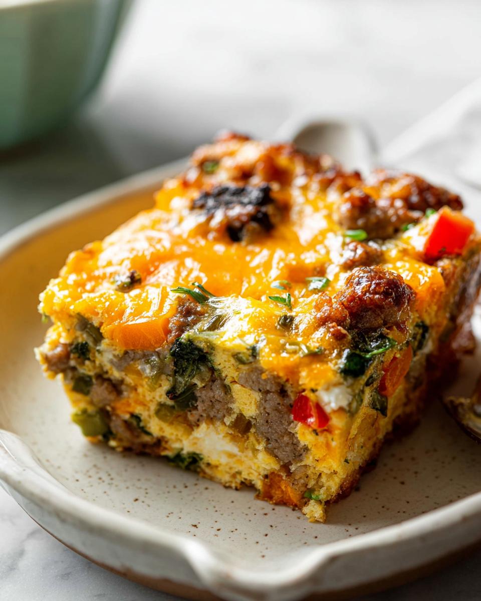 A slice of make ahead breakfast bake with sausage, vegetables, and melted cheese on a plate.