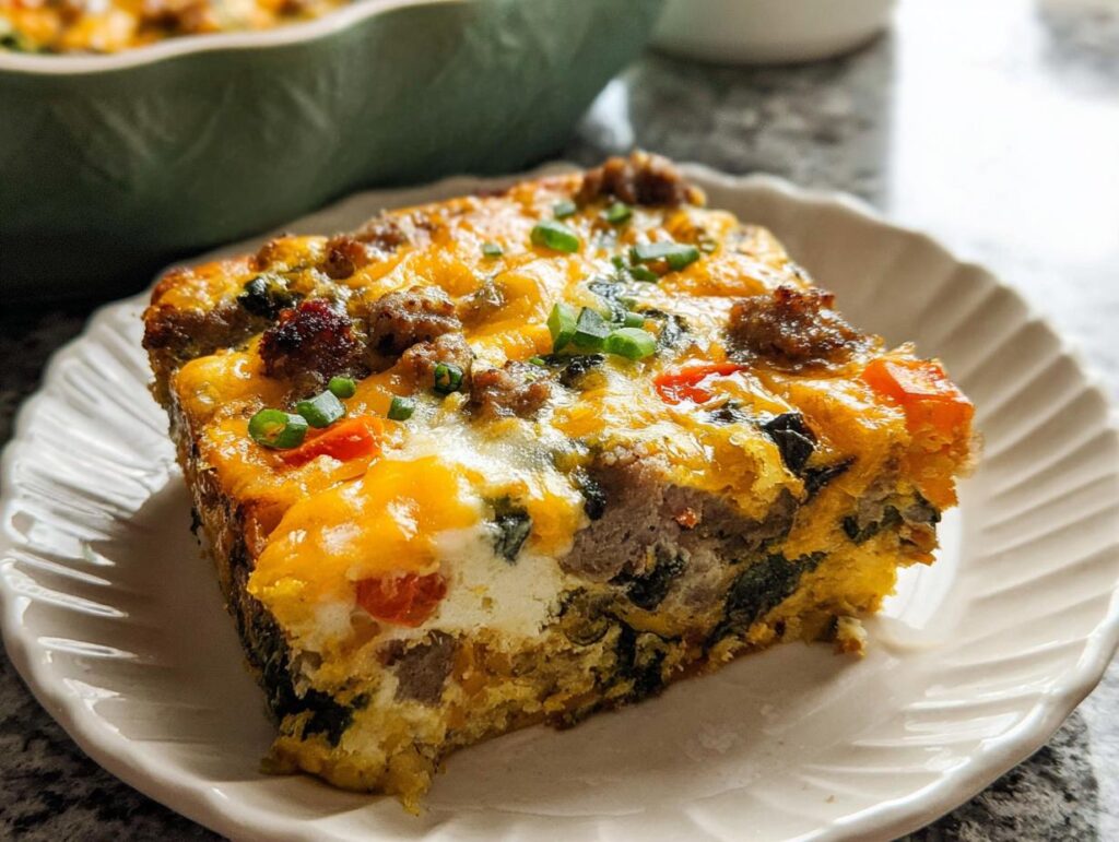 A hearty slice of make ahead breakfast bake with sausage, spinach, cheese, and scallions on a white plate.