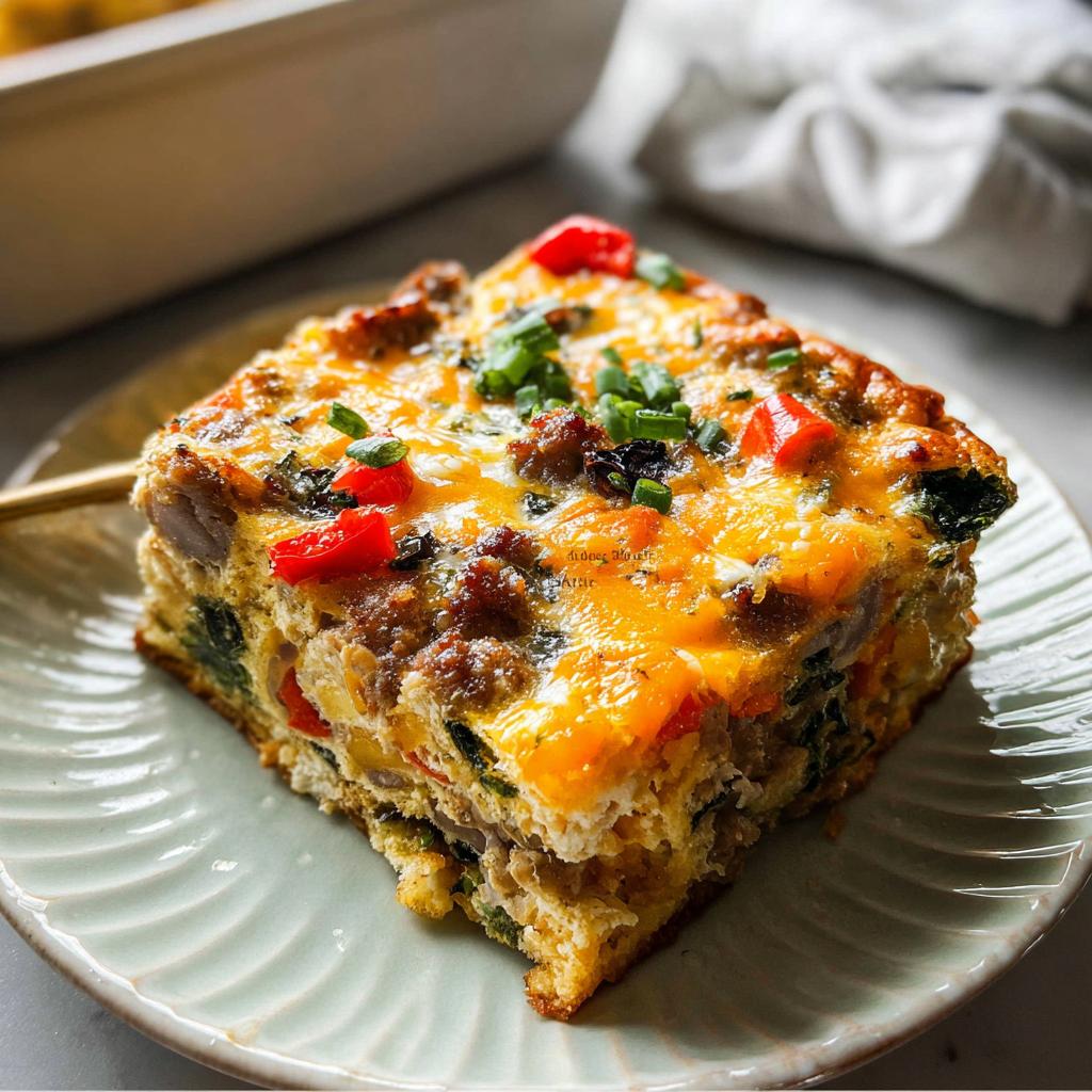 A tempting slice of make ahead breakfast bake, featuring sausage, cheese, bell peppers, and spinach, perfect for easy mornings.