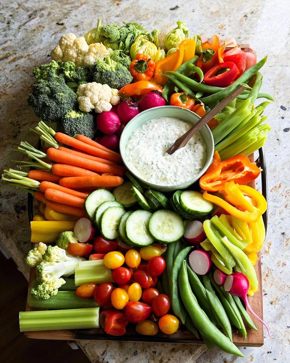 A colorful Make Ahead Veggie Platter With Homemade Dip featuring carrots, broccoli, cauliflower, peppers, cucumbers, tomatoes, and radishes.