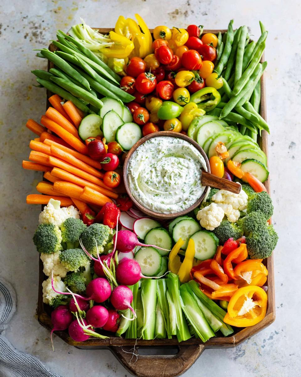 A colorful Make Ahead Veggie Platter With Homemade Dip featuring an assortment of fresh vegetables and a creamy herb dip.