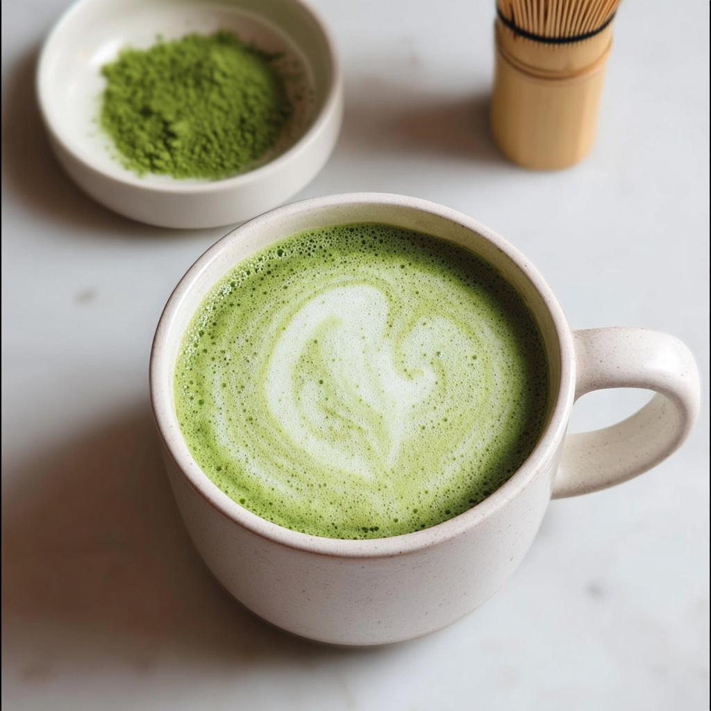 A creamy, smooth, and earthy matcha latte with beautiful latte art in a mug, next to matcha powder and a whisk.