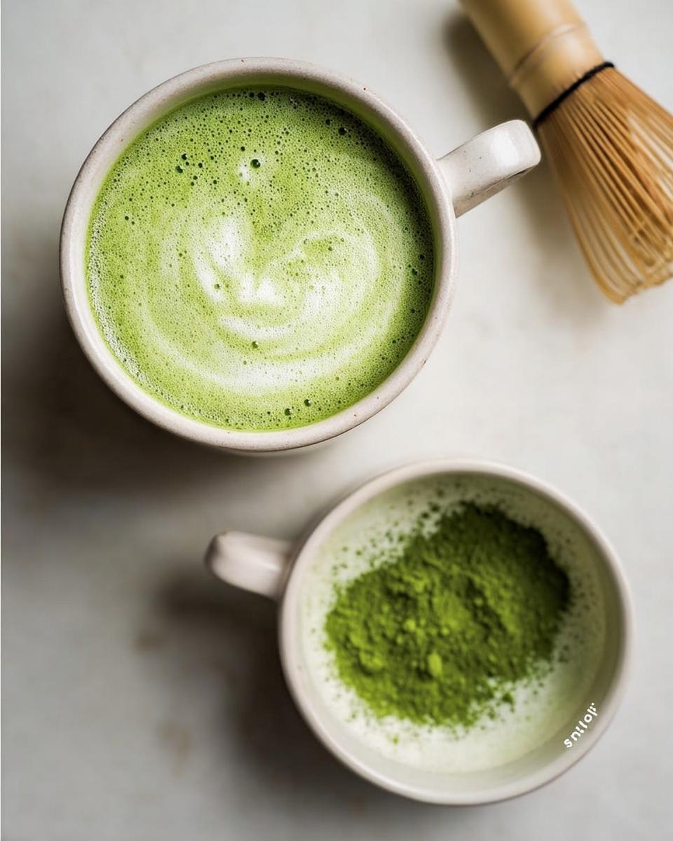 Two cups of matcha latte, one frothy and swirled, the other with matcha powder and milk, next to a bamboo whisk.