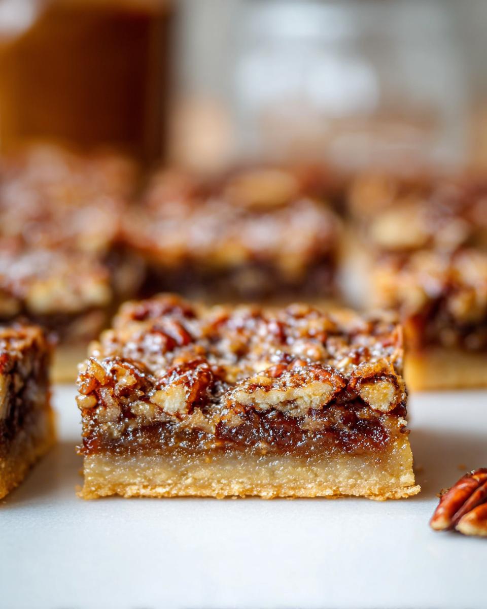 A close-up of a Pecan Pie Bar with a thick buttery crust, gooey filling, and toasted pecans, dusted with powdered sugar.
