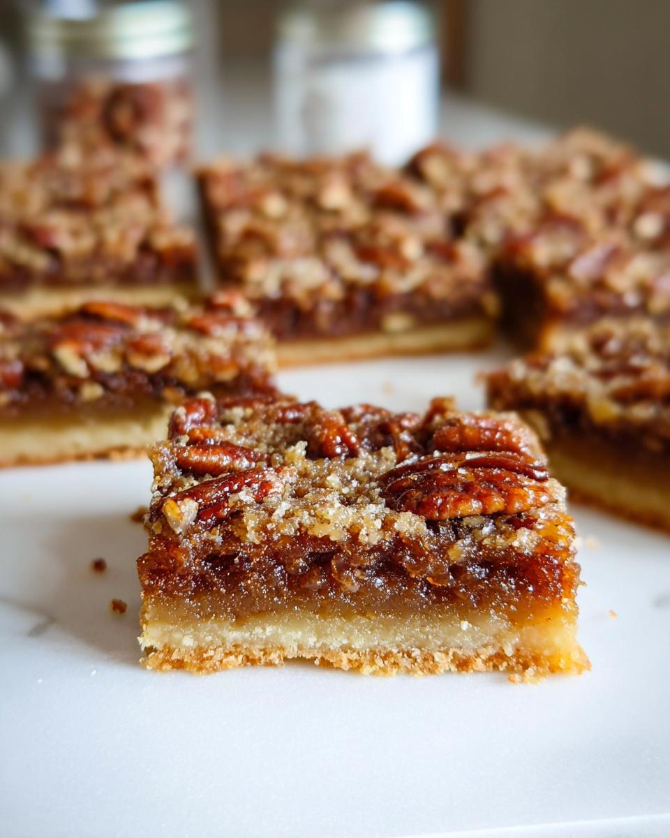 Close-up of a Pecan Pie Bar with a thick, buttery crust and a rich pecan topping.