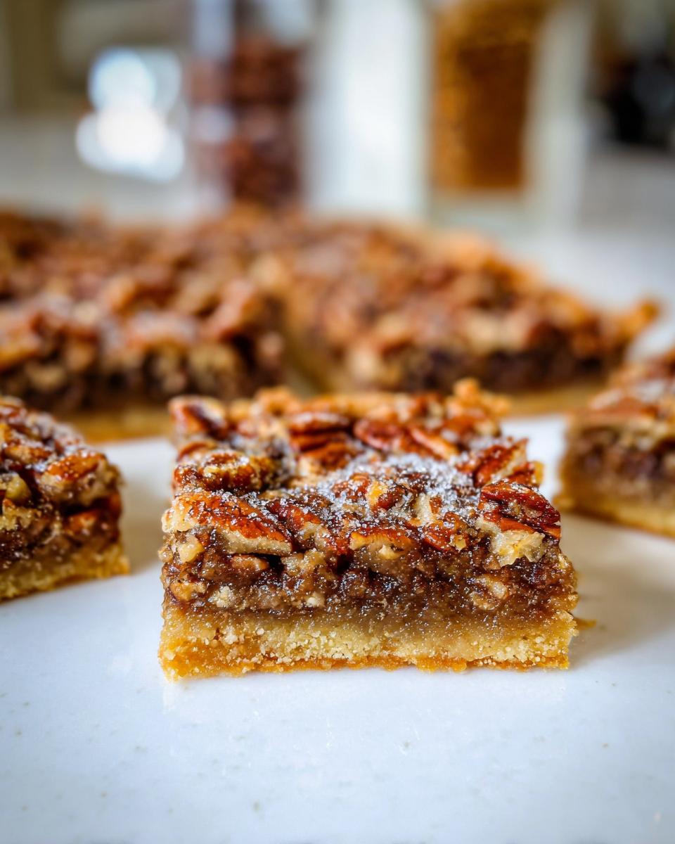 Close-up of Pecan Pie Bars With Buttery Crust, showing layers of flaky crust and gooey pecan filling.