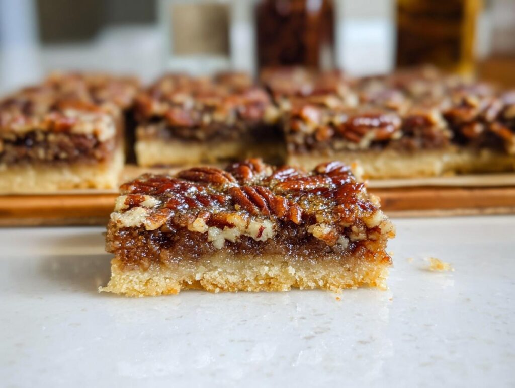 Close-up of a Pecan Pie Bar with a thick, buttery crust and a gooey pecan filling.