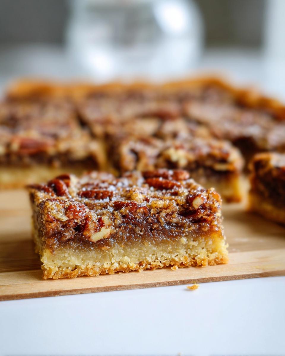 A close-up of a Pecan Pie Bar with a buttery crust, topped with pecans and a dusting of powdered sugar.
