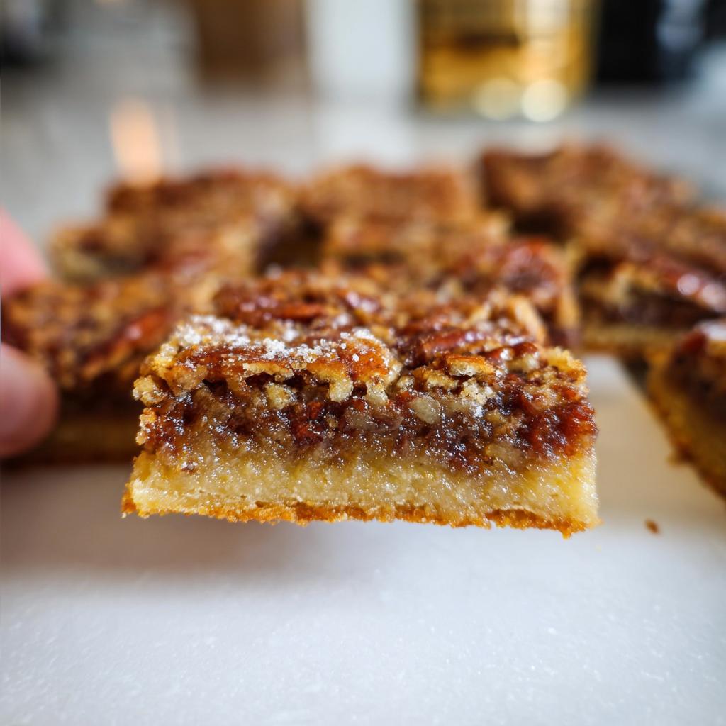 Close-up of a Pecan Pie Bar with a thick, buttery crust and a gooey pecan filling.
