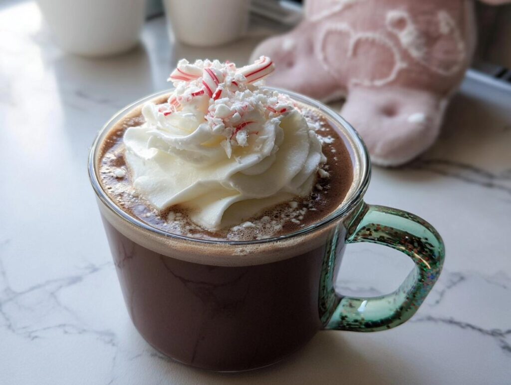 A cozy mug of Peppermint Mocha topped with whipped cream and crushed candy cane pieces.