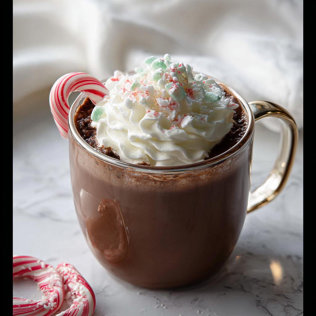 A delicious Peppermint Mocha For Cozy Nights topped with whipped cream, crushed candy canes, and a candy cane garnish.