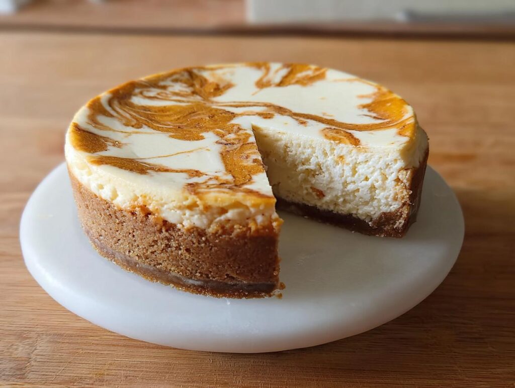A slice is cut from a delicious Pumpkin Cheesecake Swirl Bliss, showcasing its creamy texture and marbled topping.