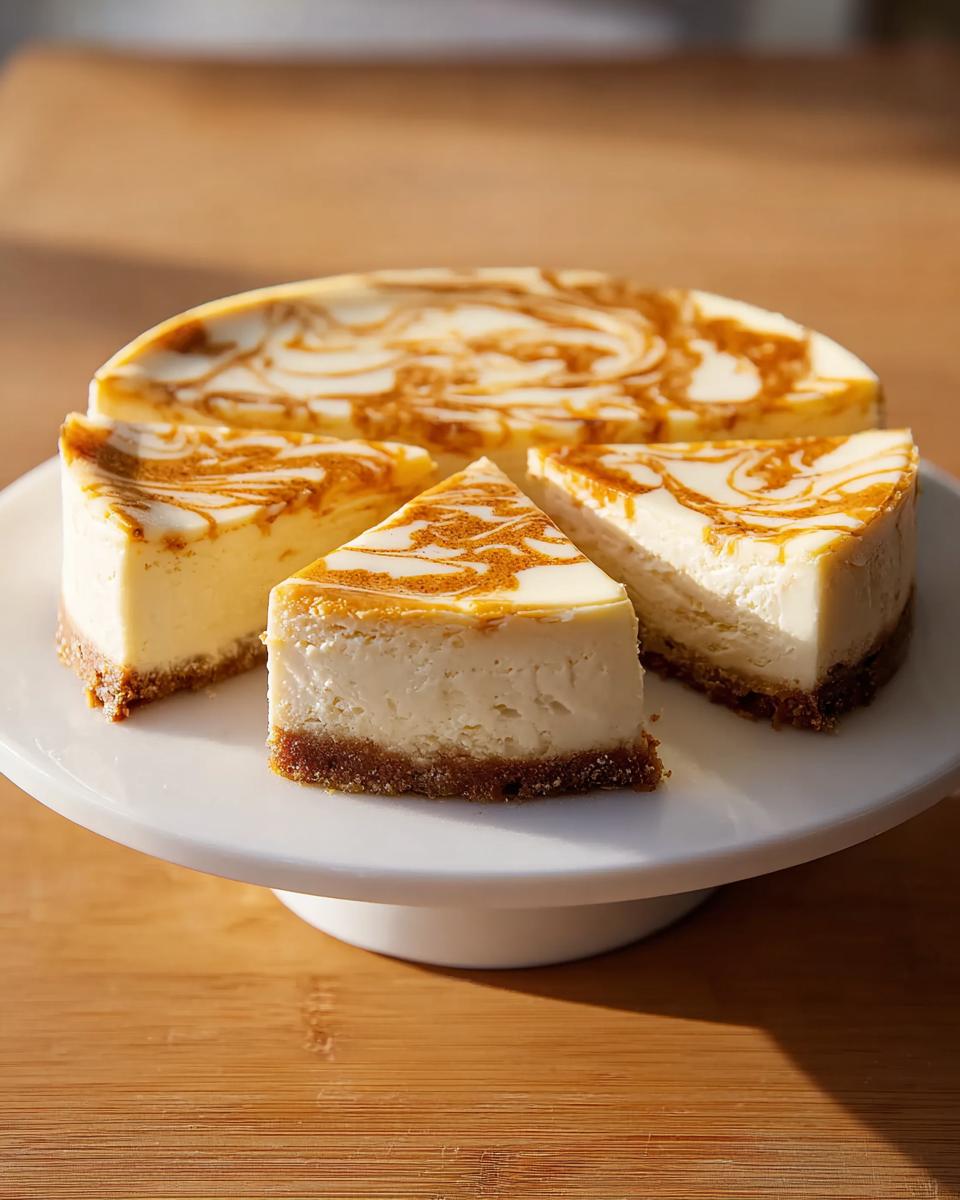 Three slices of Pumpkin Cheesecake Swirl Bliss on a white cake stand, showcasing the creamy texture and swirl pattern.