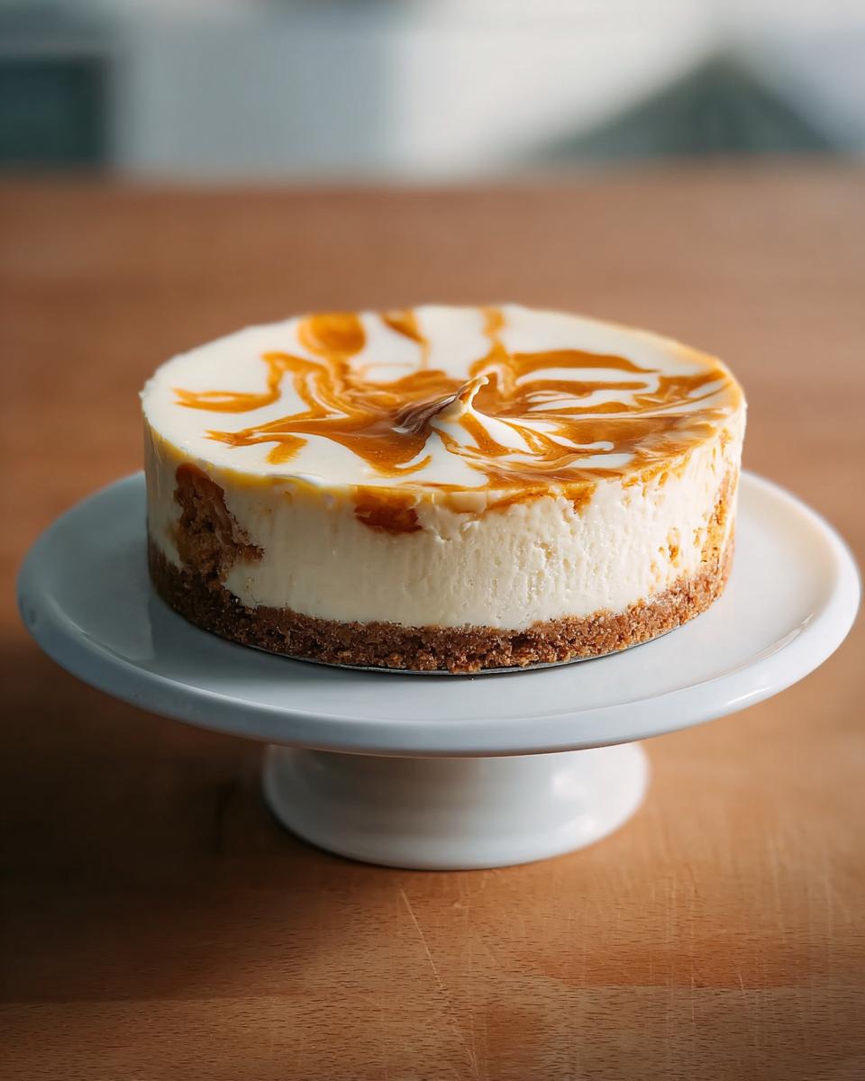 A whole Pumpkin Cheesecake Swirl Bliss on a white cake stand, featuring a graham cracker crust and a creamy filling with pumpkin swirls.