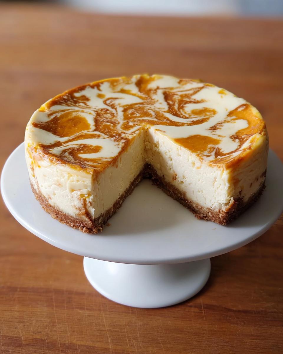 A whole Pumpkin Cheesecake Swirl Bliss on a white cake stand, with a slice removed to show the creamy interior and graham cracker crust.